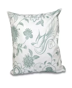 E By Design Traditional Bird Floral 16 Inch Green Decorative Floral Throw Pillow