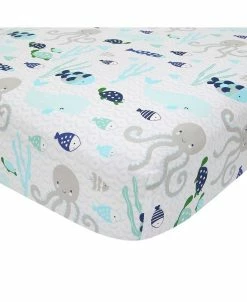 Lambs & Ivy Oceania 100% Cotton Blue/Gray/White Whale With Octopus And Fish Nautical Ocean Theme Fitted Crib Sheet